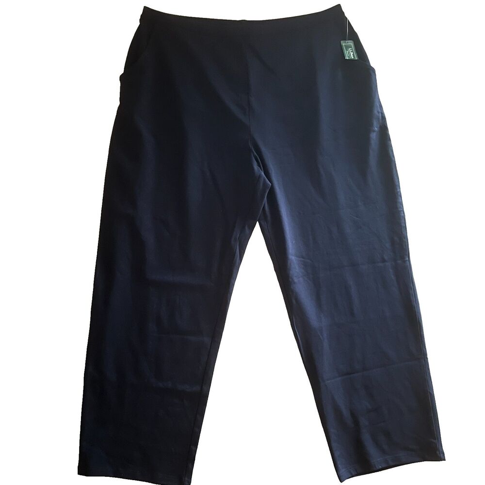 LL Bean Womens Perfect Fit Pants 2X Straight Leg Navy Blue Knit Stretch NWT